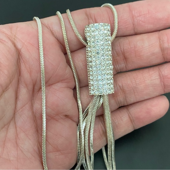 Silver-tone Rhinestones Tassel Chain 28” Long Necklace 33g - Picture 3 of 14